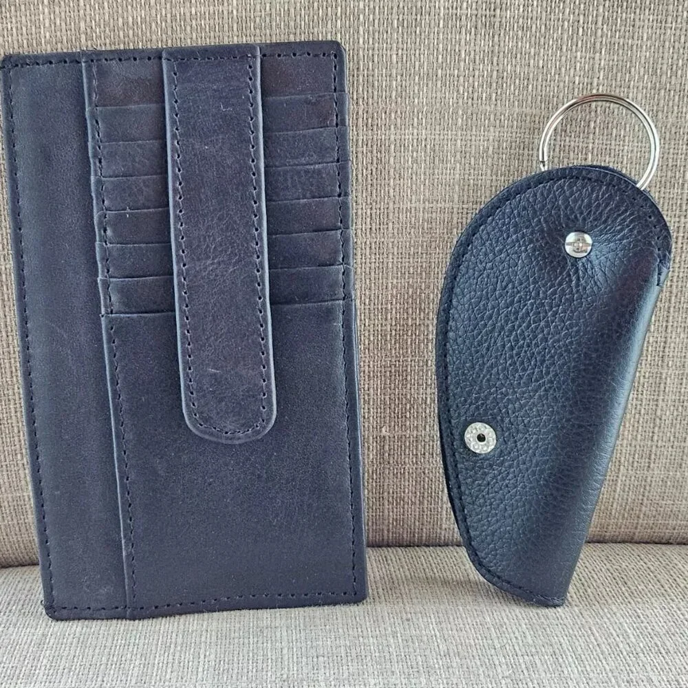 Long Wallet and Keychain Black Genuine Leather Card Holder Keys Holder Fob